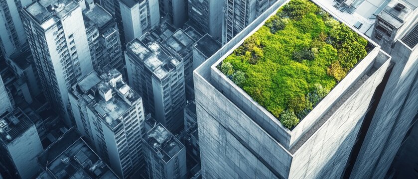 Aerial view of modern urban architecture featuring a green rooftop garden surrounded by high-rise buildings in a bustling cityscape
