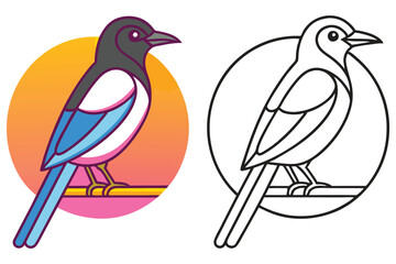 Colorful Magpie Bird Illustration with Line Art Version Perched on Branch Against Orange Circle Background