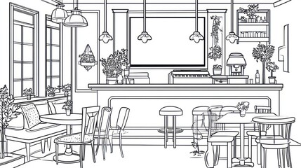 Obraz premium Interior Cafe Design Sketch, Empty Space, Plants, Bar, Seating