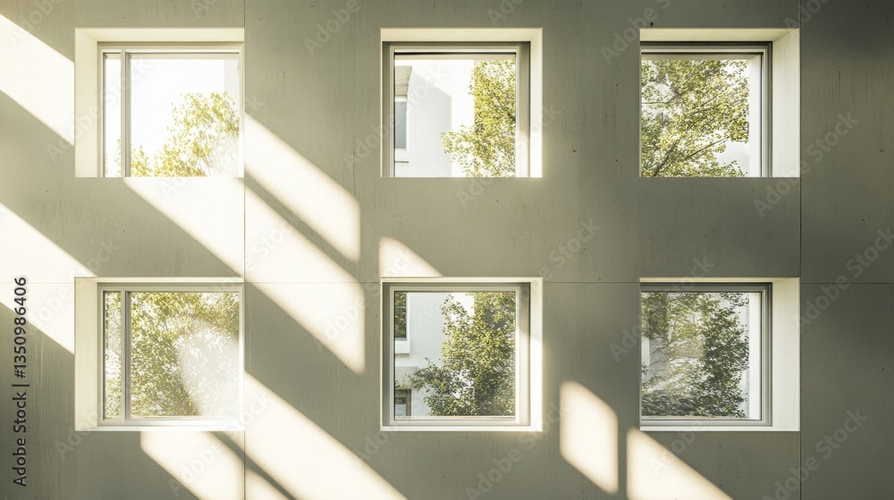 Poster modern architectural facade with square windows and natural light streaming through tree foliage in 