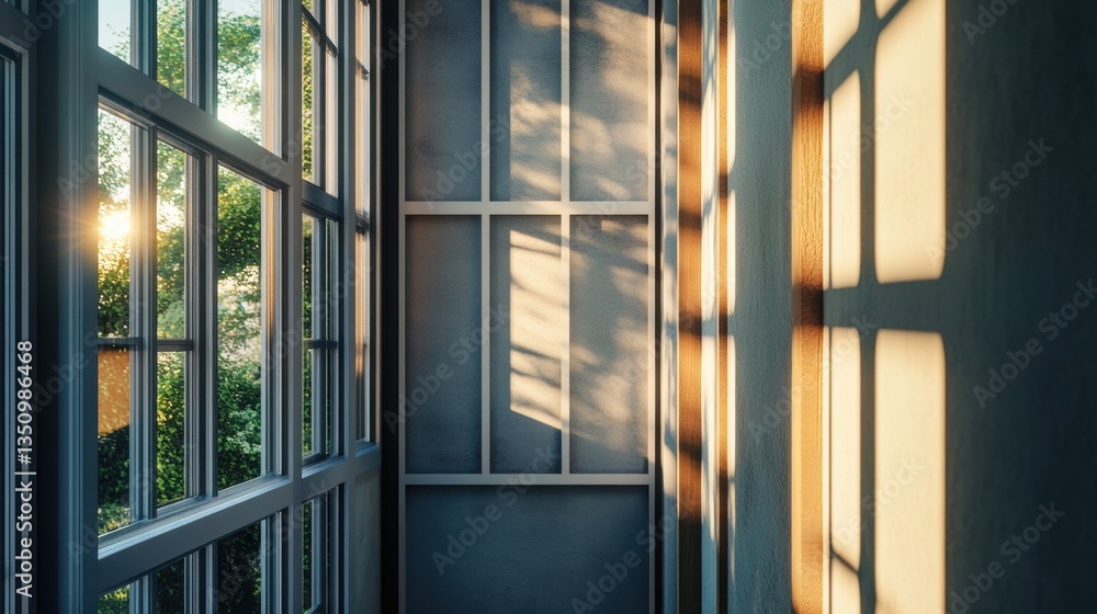 Poster sunlit interior with natural light and shadow patterns on walls from large windows illuminating spac