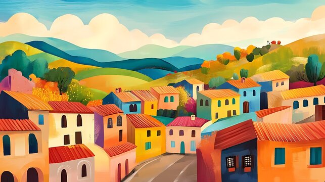 Fototapeta Colorful village with autumn hills.