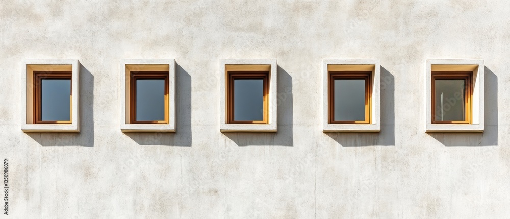 Poster modern architectural design featuring five square windows on a textured wall with natural sunlight c