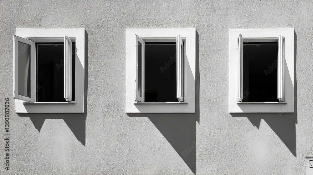 Aufkleber three open windows casting shadows on a minimalist gray wall showcasing architectural features and l