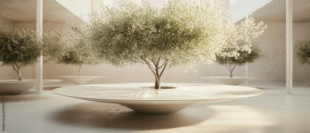Poster serene indoor garden with centered olive trees and minimalist design in modern architecture for tran