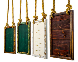 Set of Hanging Rustic Wooden white, green, brown Framed Chalkboards Blank Blackboard Signs for Custom Messages, blank and distressed, on a transparent background, front view, in a vector illustration.