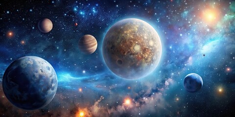 Cosmic Landscape with Stars and Moon, celestial bodies, space