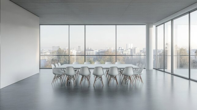 Modern conference room with city view, empty.  Suitable for corporate presentations