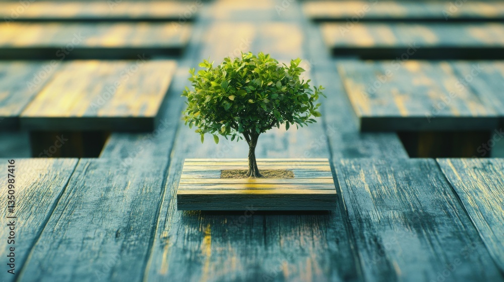 Poster small green tree on wooden display surrounded by empty table space representing growth, nature, and 