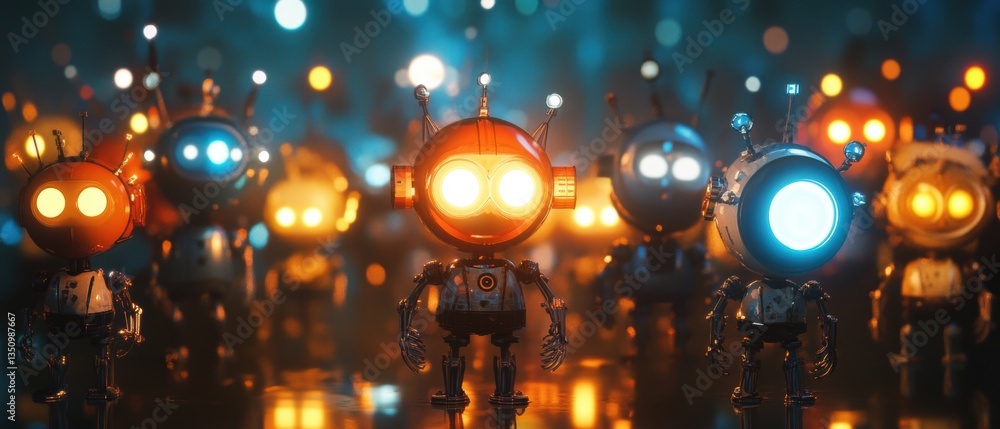 Poster colorful robots with glowing eyes in a futuristic setting, displaying unique designs and intricate d