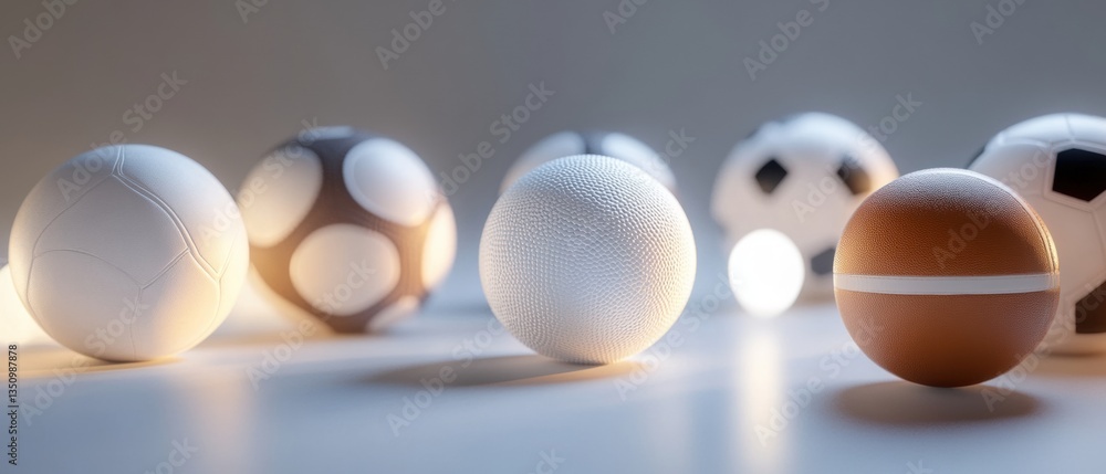 Poster collection of various sports balls in a minimalistic setting with soft lighting showcasing unique te