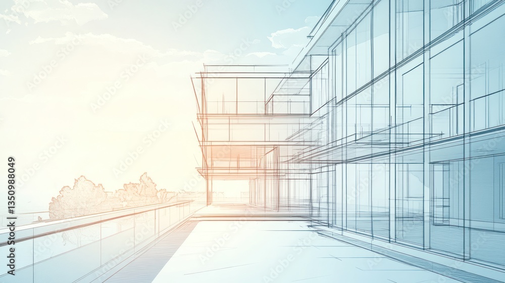 Poster architectural rendering of modern building with terrace overlooking landscape. possible use architec