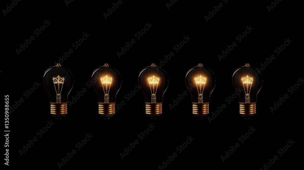 Poster five vintage light bulbs illuminated in a row with warm ambiance of soft glow creating an atmospheri