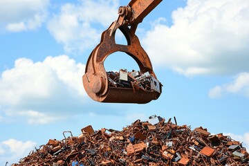 Large Industrial Magnet Lifting Discarded Metal Scrap from a Pile Under Clear Blue Sky