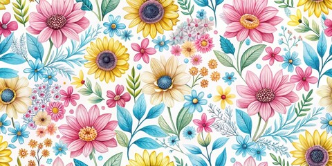 Vibrant Watercolor Floral Pattern Featuring a Diverse Array of Sunflowers, Daisies, and Other Blooming Flowers in a Cheerful and Colorful Composition on a White Background