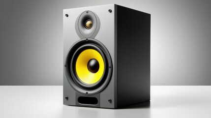 Obraz premium Two black speakers are on a table of listening to loud music, audio on beautiful background