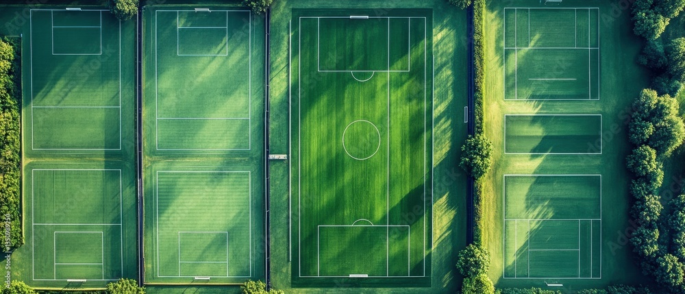 Aufkleber aerial view of multiple soccer fields surrounded by trees in a lush green park setting showing varyi