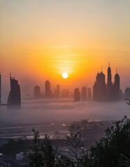 Fototapeta premium Sunset over a futuristic city skyline with iconic skyscrapers and a warm orange-to-purple sky gradient, surrounded by silhouettes of palm trees and urban lights.