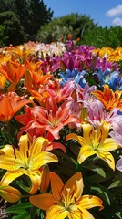 Obraz premium Colorful Lily Garden in Full Bloom Under Blue Sky