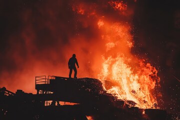 Worker Overseeing Molten Metal Pouring in Steel Mill with Dramatic Fire and Sparks