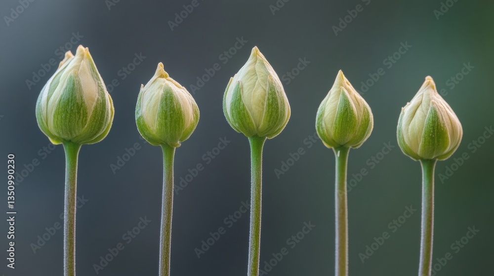 Poster close-up of budding flower stems against a soft green background creating a tranquil and serene natu