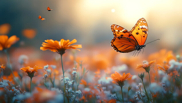 Orange Butterfly Above Blooming Flowers in Sunlight