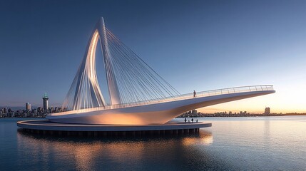 Obraz premium Striking, modern pedestrian bridge with illuminated cables over calm water at dusk
