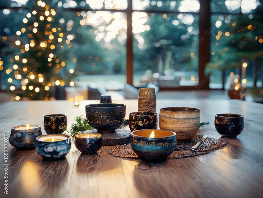 Poster unique tabletop decorations with warm ambient lighting indoor setting low angle view realistic displ