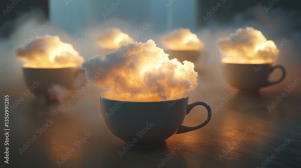 Poster cups filled with billowing clouds of warm light creating a dreamy and surreal atmosphere in a cozy s