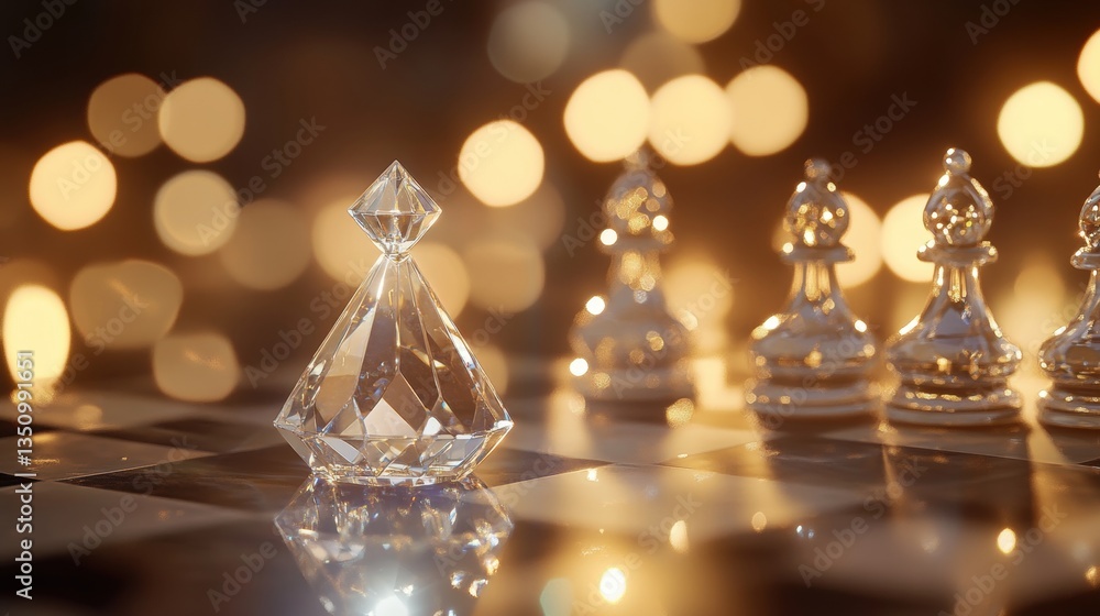 Poster crystal chess piece in focus with shimmering bokeh background and elegant chess pieces creating a lu
