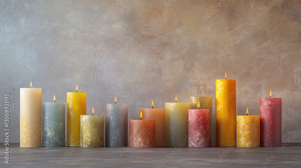 Aufkleber various colorful candles on a rustic surface with soft warm light creating a cozy atmosphere ideal f