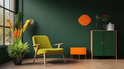 Modern Living Room with Bold Accents. A stylish, cozy living room features a deep green wall, a vibrant yellow-green armchair, and pops of orange.  Tropical plants add a touch of nature to the space