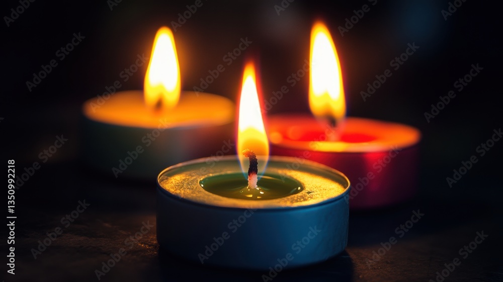 Poster three colorful candles with flickering flames in a dark background creating a soft and warm atmosphe