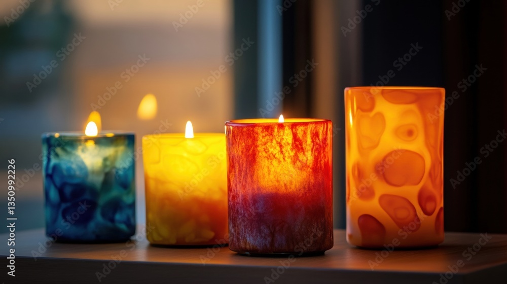 Poster colorful candles in various shapes and sizes glowing softly with warm light against a blurred backgr