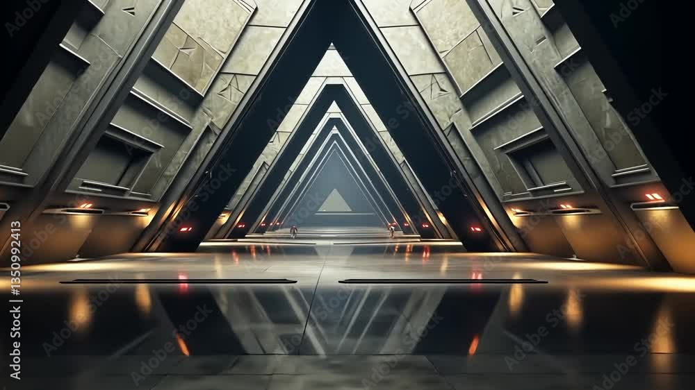 Poster futuristic triangular corridor with polished floor reflecting the light, leading to a distant point