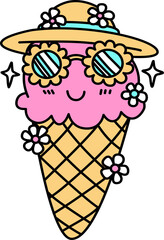 Hand drawn retro  summer ice cream cartoon groovy doodle 