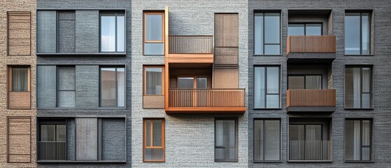 Modern urban apartment building facade with various window styles, balconies, and textures showcasing contemporary architecture and design elements