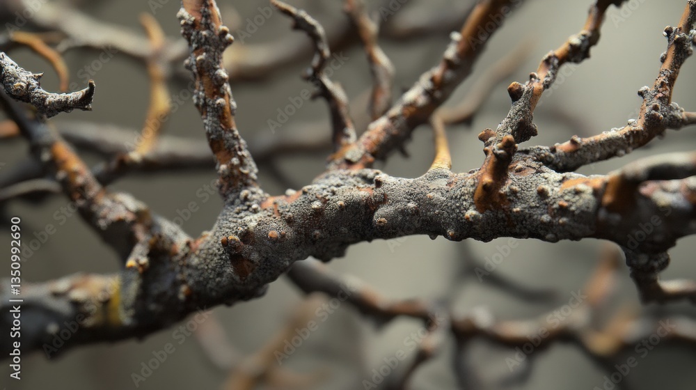Aufkleber intricate close-up of a twisted dry branch with textured surface and unique bark patterns illuminate