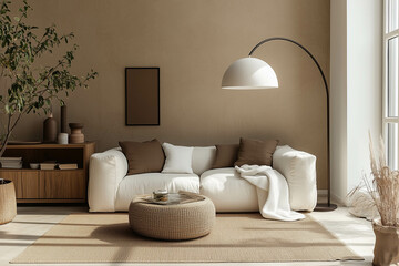 A beige living room with an arched floor lamp, a white sofa and coffee table