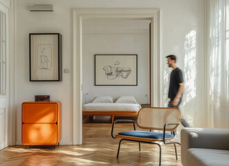 A man walks through the door of his apartment