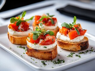 Delicious tomato bruschetta appetizers elegant dining table food photography bright environment close-up culinary art