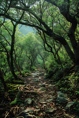 Obraz premium Exploring the Serenity: An Enchanting Journey through Woodland Hiking Trails and Mountain Ranges