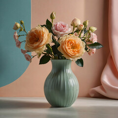 A stylish still-life composition featuring a geometric hexagonal vase with delicate flowers, set against a soft pastel background. Perfect for modern home decor, minimalistic design, interior inspirat