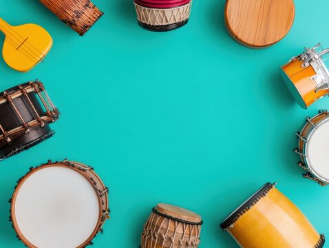 Global Rhythm Fusion Vibrant Multicultural Percussion Instruments on Teal Backdrop - Creative Arts Marketing and Inclusive Music Education Visualization