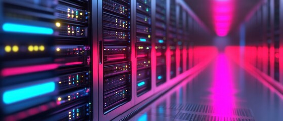 Fototapeta premium Modern Data Center with Colorful LED Lights Highlighting Rows of Server Racks in a High-Tech Environment Suitable for Technology Showcase and Digital Innovation