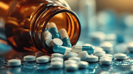 A close-up shot of a brown medicine bottle tilted with blue and white capsules and white pills scattered around, presenting a professional visual scene of a medical theme
