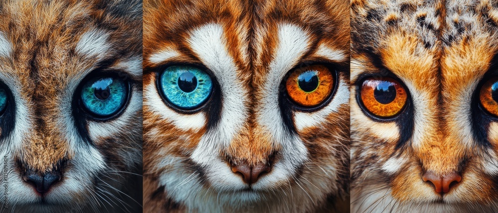 Poster close-up view of three unique cat faces with striking eye colors displaying intricate fur patterns