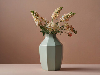 A stylish still-life composition featuring a geometric hexagonal vase with delicate flowers, set against a soft pastel background. Perfect for modern home decor, minimalistic design, interior inspirat