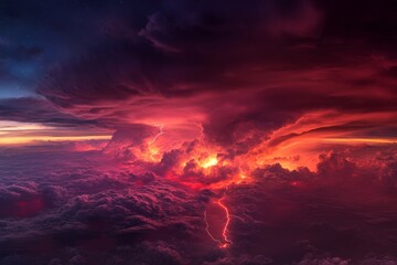 Naklejka premium Fiery sunset lightning storm over cloudscape.