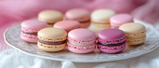 Fototapeta premium Colorful assortment of macarons on a delicate plate with soft pink background showcasing sweet desserts for gourmet treats and special occasions